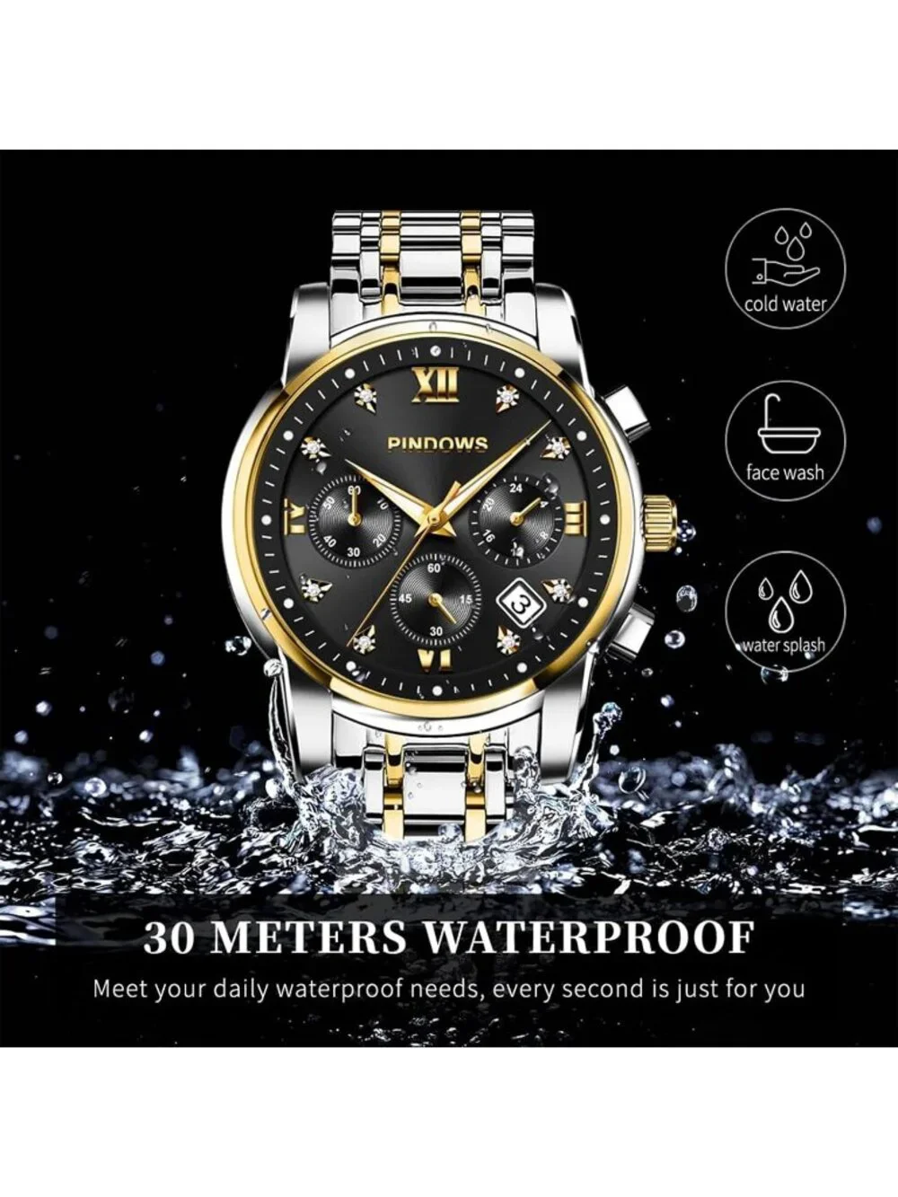 Men's Two Tone Gold Silver Quartz Watch Stainless Steel Diamond Dial Watch